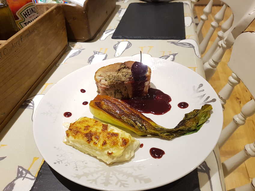 Duck Ballotine with Port and Cherry Sauce. Potato Gratin. Bok Choy with Orange and Soy Sauce