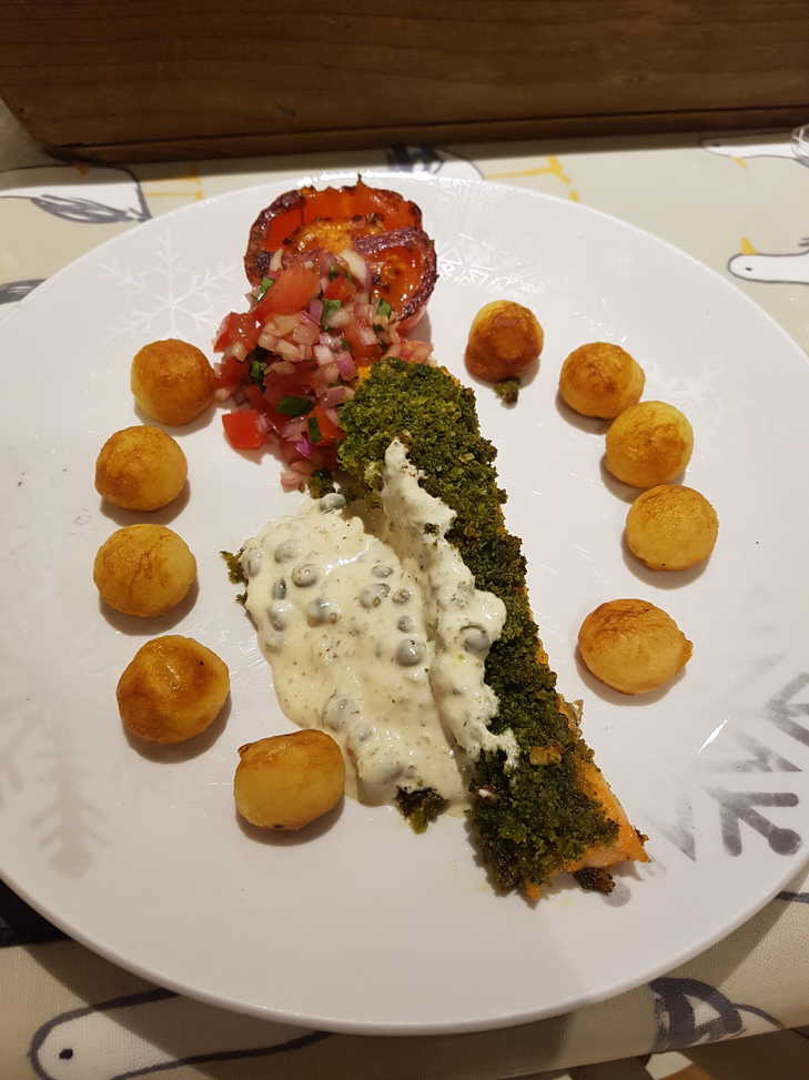 Herb-Crusted Salmon, Parmentier Potatoes, Tomato & Onion Salsa, Capered Crème Fraîche