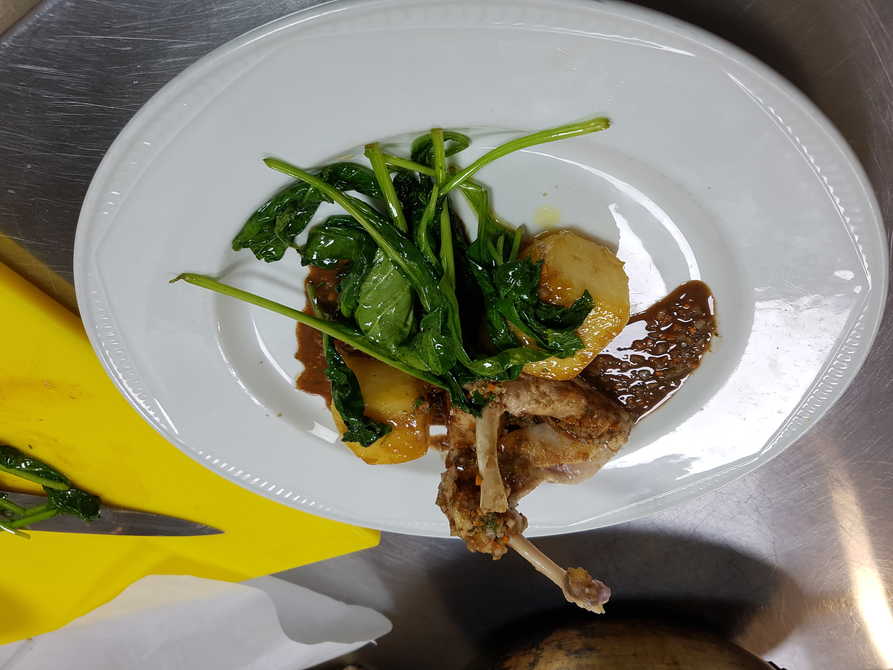Karl's Guinea Fowl Supreme with Fondant Potatoes, Wilted Spinach and Red Wine Jus