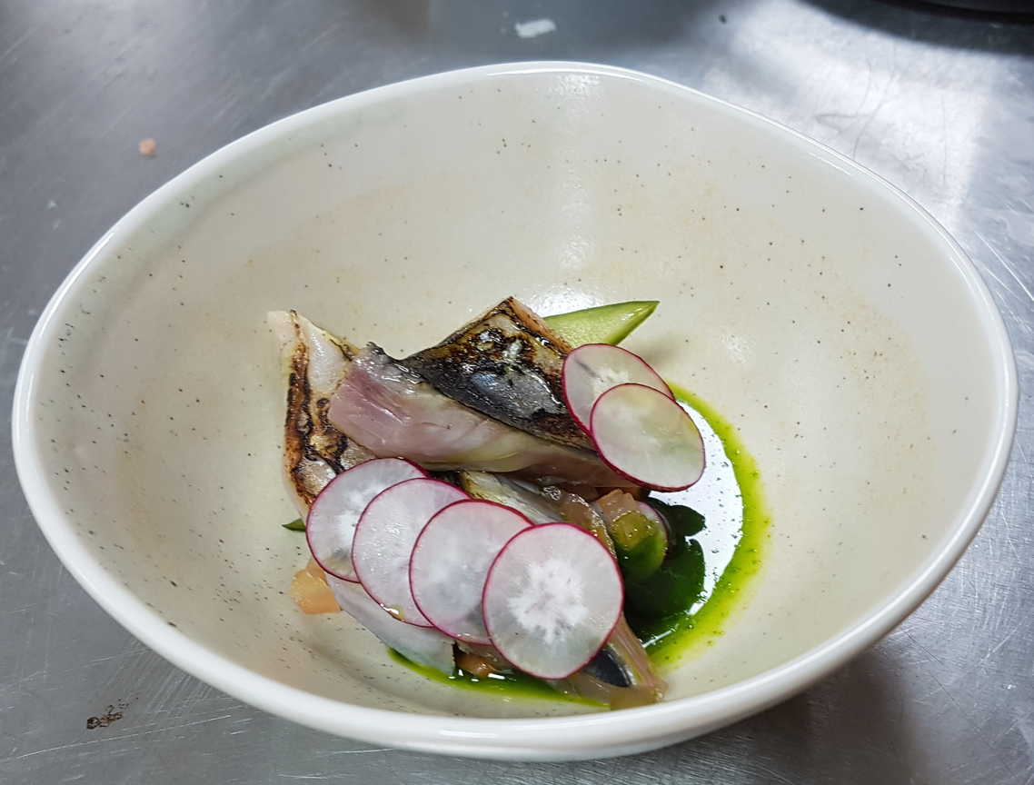 Blowtorched, Cured Mackerel with Pickled Vegetables and Herb Oil