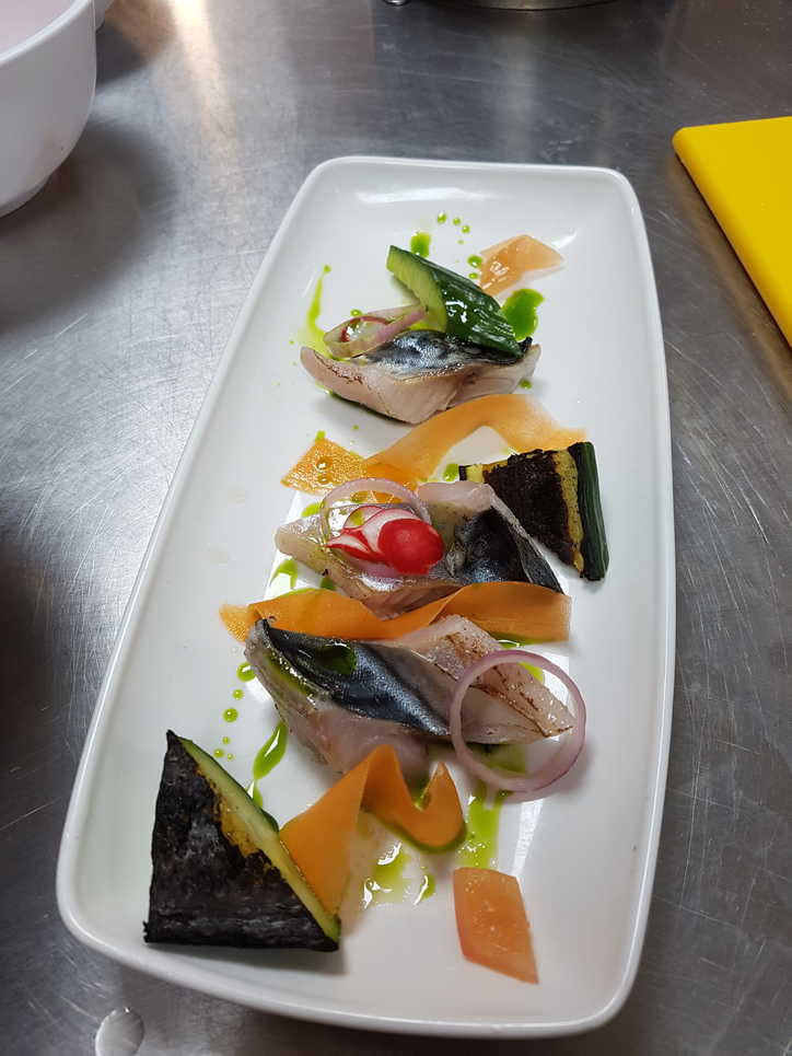 Karl's Cured Mackerel with Pickled Vegetables and Herb Oil