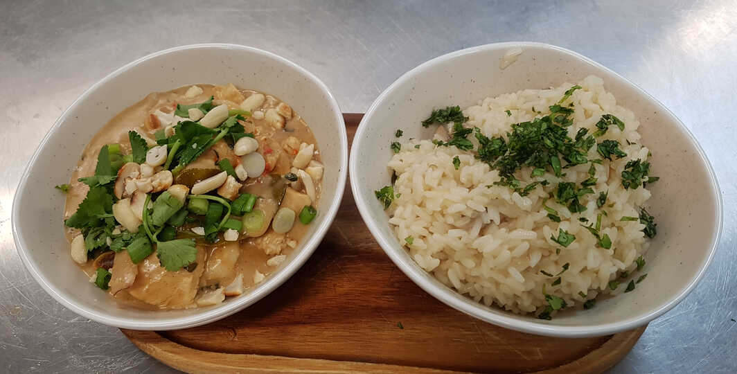 Chef Lee's Thai-Style Chicken and Prawn Curry with Mushroom Rice.