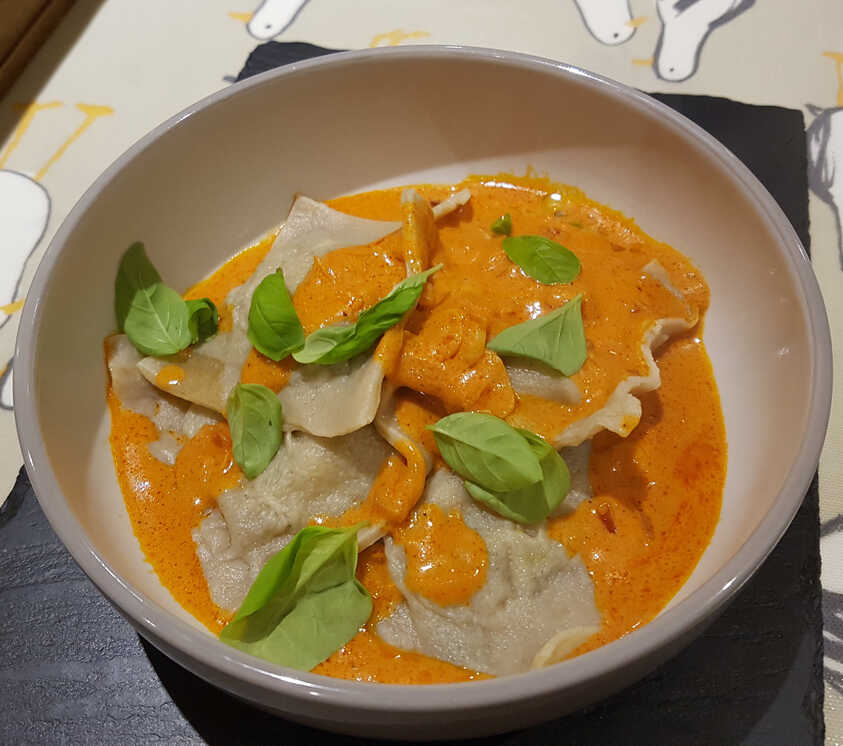 Karl's Mushroom Ravioli with Vodka, Chilli and Creamed Tomato Dressing.