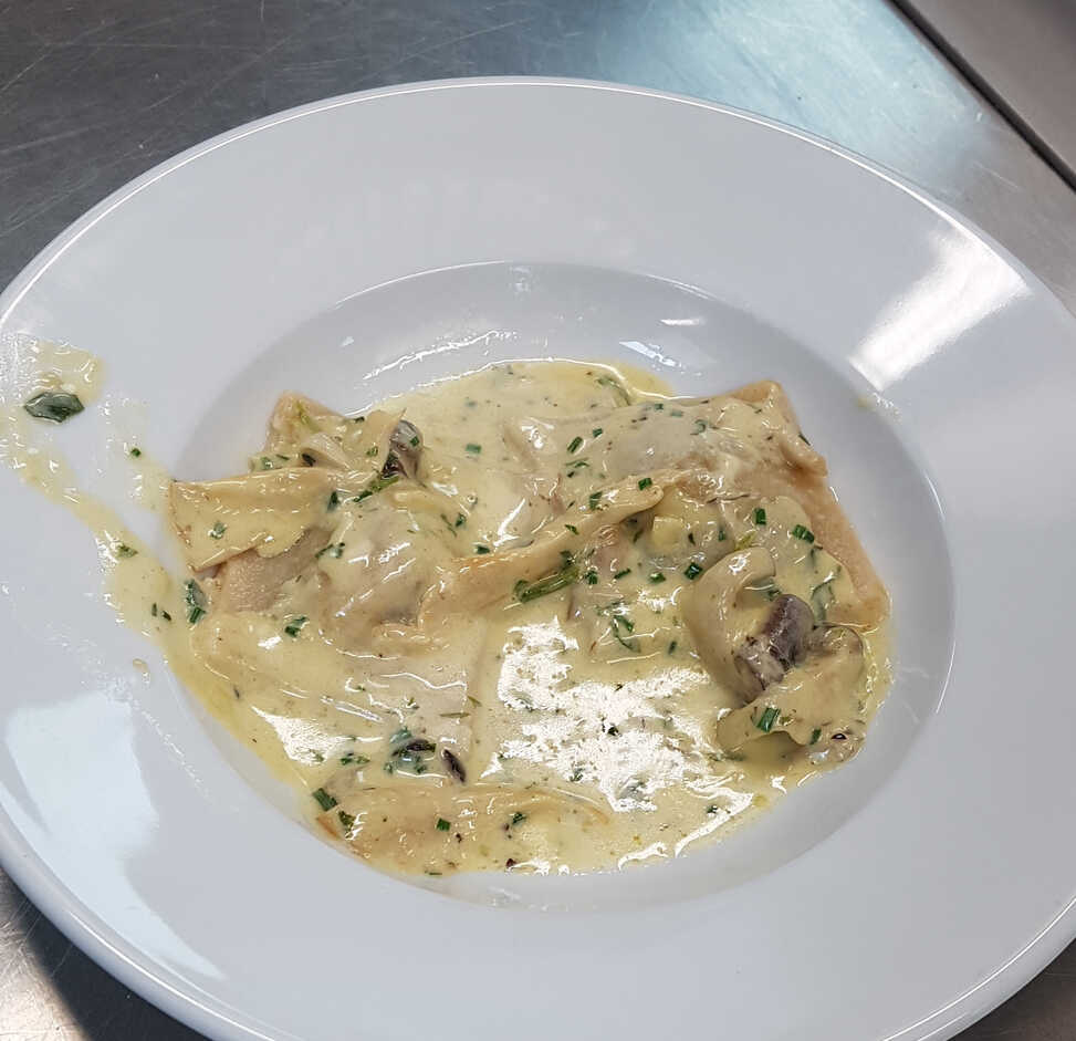 Lee's Mushroom Ravioli with Creamed Mushroom Dressing.