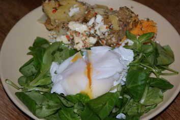 Hot potato salad and a poached egg.