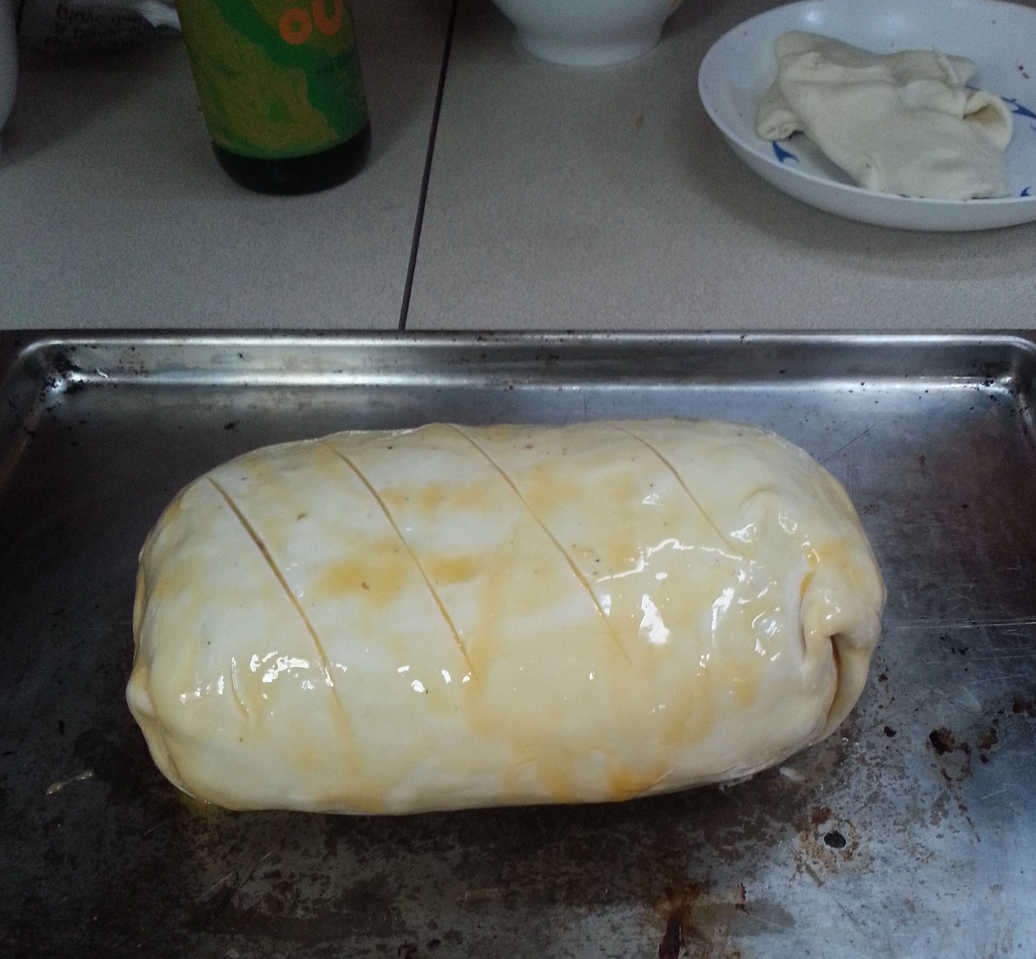 Wrapped, egged, ready to cook