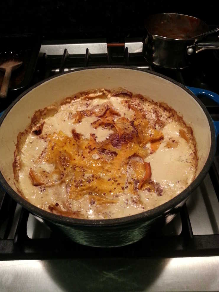 Butternut squash and mustard gratin. With added onion string vest.