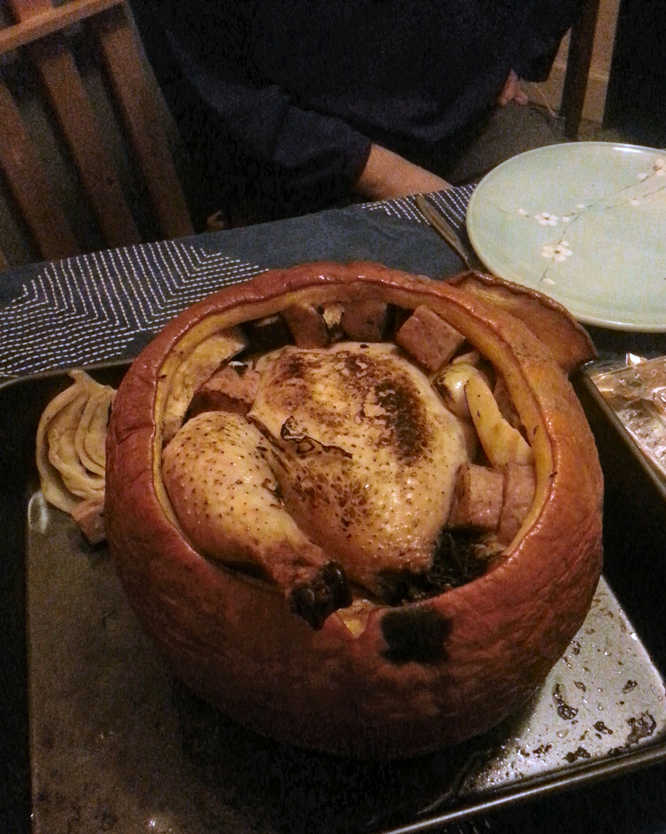 Chicken casserole in a pumpkin