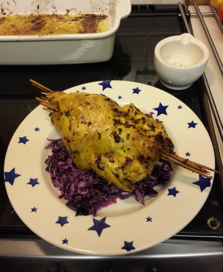 Roast poussin with red cabbage salad