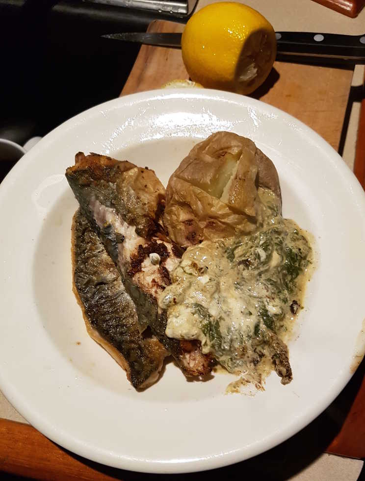 Mackerel with Spinach, Mustard and Sour Cream