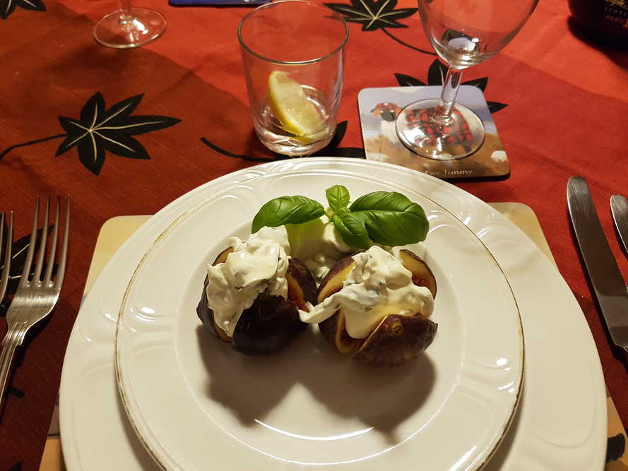 Figs filled with Crème Fraîche, Goats Cheese and Basil.