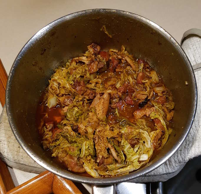 Bacon and Cabbage with Leftover Sriracha Hot Wings