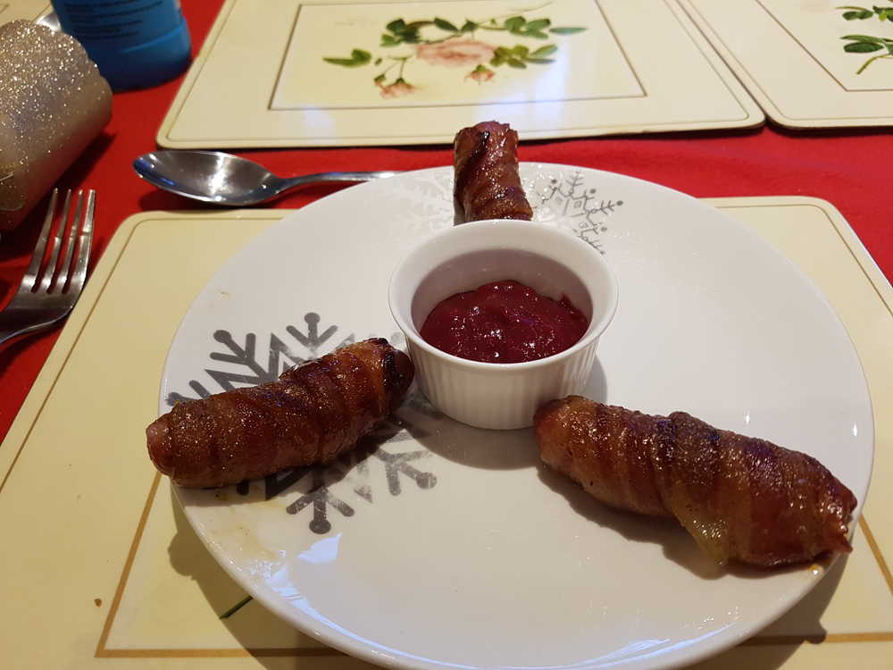Pigs in Candied Bacon, with Cranberry Ketchup
