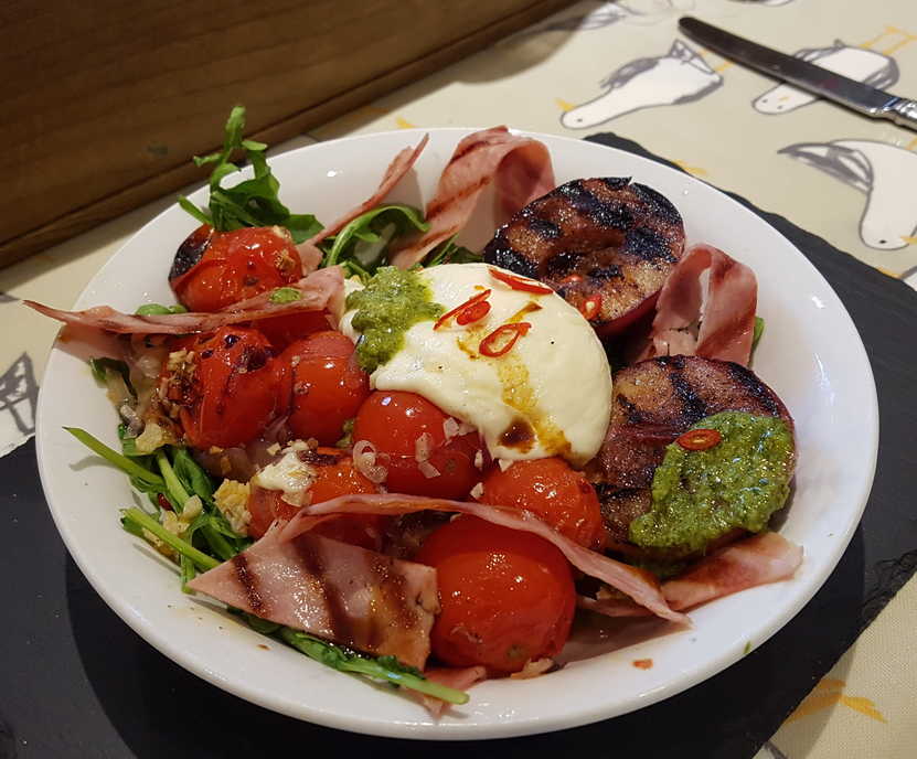 Warmed Burrata Salad with Roast Tomatoes and Grilled Nectarine