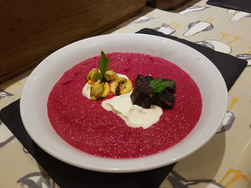 Beetroot and Cider Soup with Crème Fraîche, Mussels and Fried Black Pudding