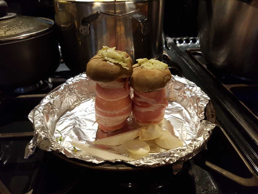 Stuffed and Wrapped Mushrooms Ready to Roast.