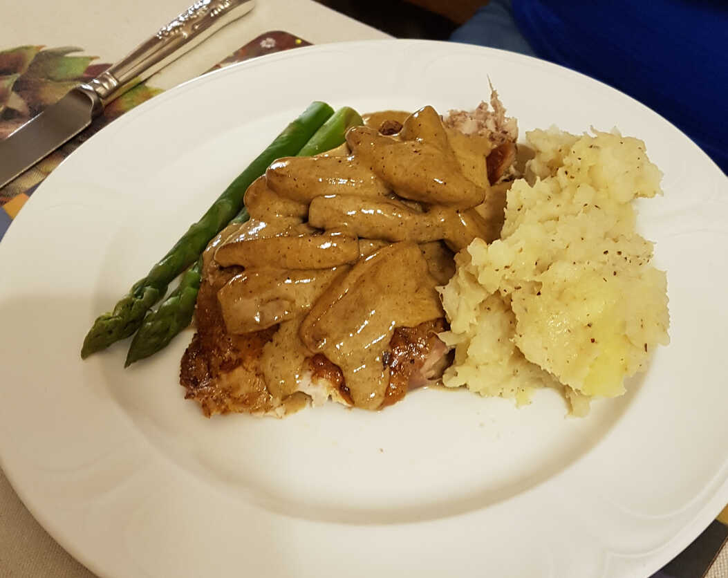 Pheasant Normandy with Juniper Berry Mash and Asparagus