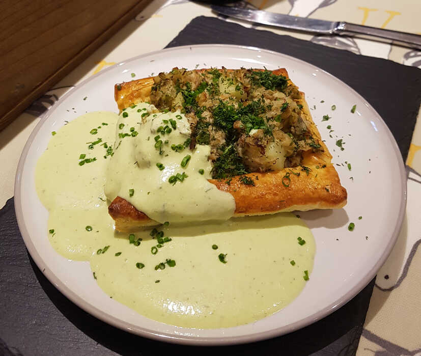 Mackerel and Lovage Tart. With a Cucumber, Lovage and Cream Cheese Sauce.