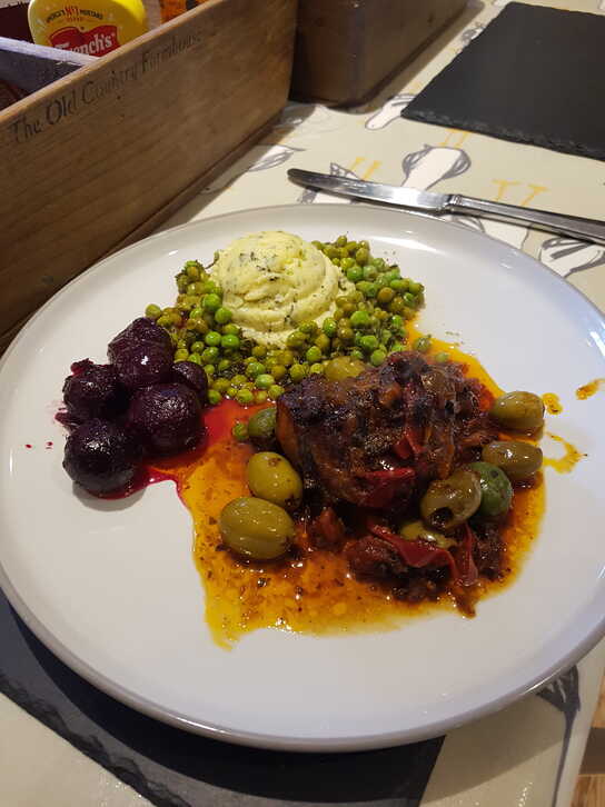 Oxtail "Tagine" with Honey Roasted Beetroot, Mint & Lime Polenta, and Peas with Minted Gastrique