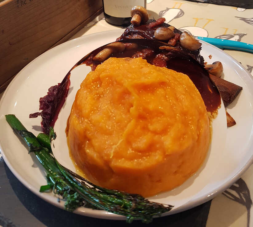 Mashed Sweet Potato with Apricots, served here with Slow-Braised Short Ribs.