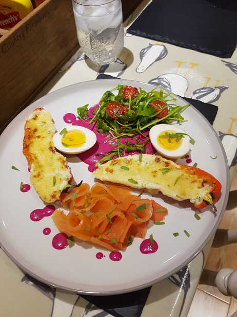 Cream Cheese Stuffed Roast Peppers. With Smoked Salmon, Anchovy and Beetroot Dressing, Pickledy Eggs.