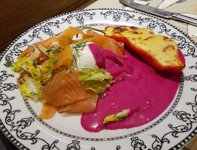 Beetroot and Hot Smoked Anchovy Dressing. With Smoked Salmon and Mozzarella.