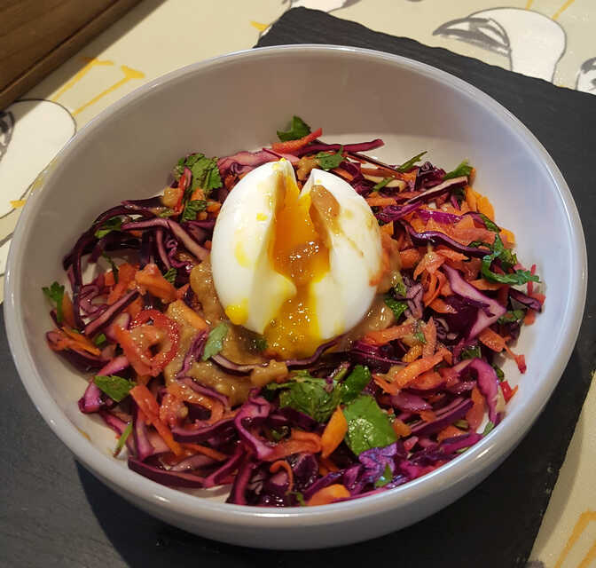 Thai Red Cabbage Salad. Here with Sriracha Lime Mayonnaise Dressing. And a Boiled Egg.