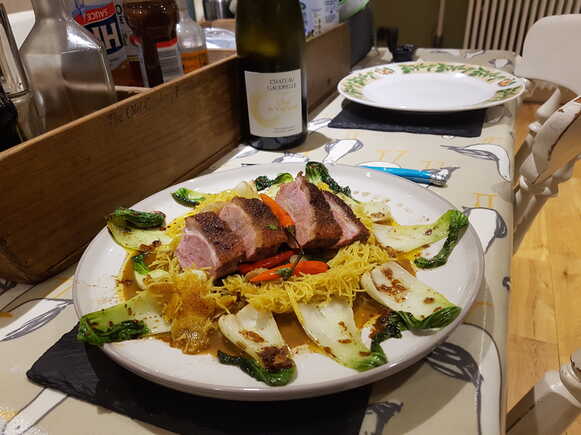 Thai Green Curry Duck with Lychees, Fried Singapore Noodles, and Pak Choy with Garlic an Soy.