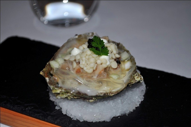 Martin Wisharts' Oyster with Green Apple Jelly, Sauerkraut and Oscietra Caviar