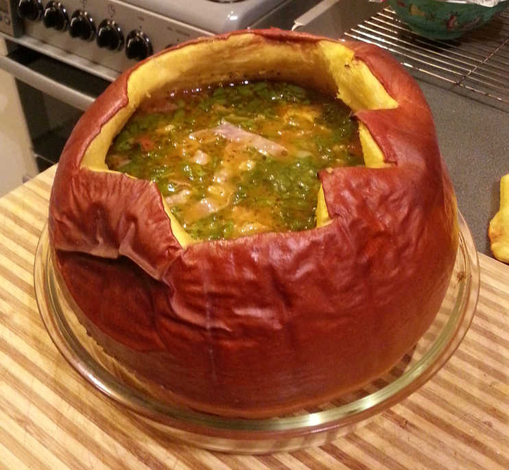 Salt cod, chickpea and chorizo soup - in a pumpkin!