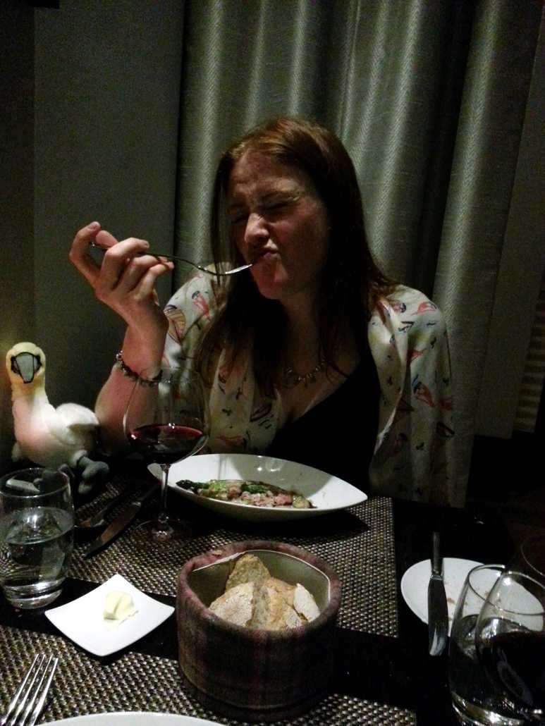 Flora eats spelt risotto.