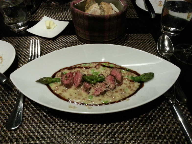 Risotto of organic spelt from Eden Valley served with seared hampe of Scotch beef and Wye Valley asparagus